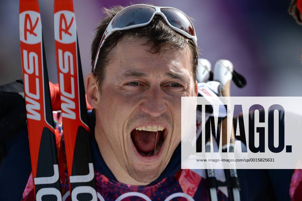 Alexander LEGKOV (RUS), 1. Platz, Goldmedaillengewinner, Gold, Goldmedaille, Olympiasieger, Sieger,winner,im Ziel,Aktion,Einzelbild,angeschnittenes Einzelmotiv,Portraet,Portrait,Porträt,erschoepft,Erschoepfung Jubel, jubelt, Freude, Begeisterung, Emotion, jubeln, cheers, Ski Langlauf,50 km der Maenner Massenstart am 23.02.2014.,Laura Cross Country and Biathlon Center. XXII. Olympische Winterspiele 2014, vom 07.02. - 23.02.2014 in Sotschi Russland.