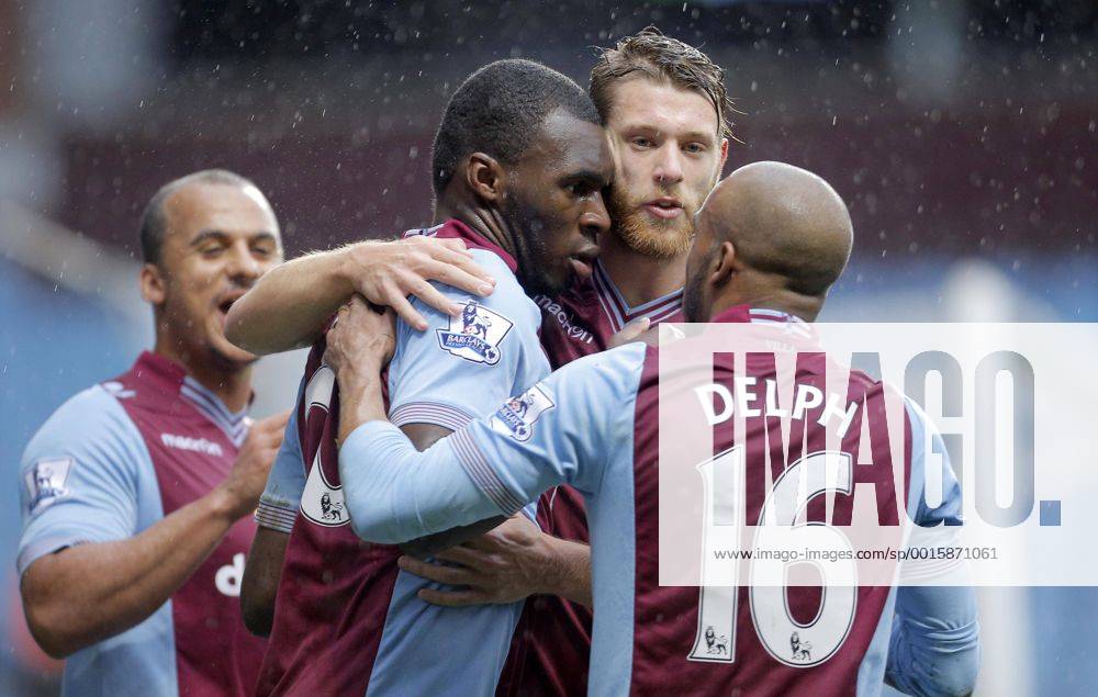 Christian Benteke of Aston Villa celebrates scoring the second goal of the game for his side -Footballl - Barclays Premier League - Aston Villa vs Norwich City - Villa Park Birmingham - Season 2013 14 - 2nd March 2014 .