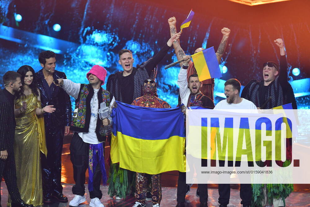 Kalush Orchestra from Ukraine celebrates after winning the 66th annual Eurovision Song Contest (ESC 2022) in Turin, Italy, 15 May 2022. ANSA ALESSANDRO DI MARCO Turin - ZUMAa110 20220515_zaf_a110_004