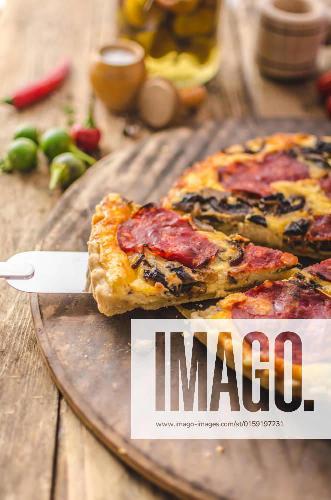 Delicious quiche with chorizo, nuts and sharp cheese, simple rustic photo, ready for your advertising , 22997366.jpg, quiche, food, cheese, french, lorraine, meal, spinach, mushrooms, healthy, pie, homemade, pastry, vegetable, cuisine, rustic, tart, cake, eating, dinner, cooking, green, dish, crust, broccoli, vegetarian, leek, lunch, wooden, cream, gourmet, bacon, breakfast, mushroom, table, egg, baked, fresh, delicious, tasty, snack, savory, bio, organic, rustic, advertising, sharp cheese, spinach, rustic, microgreens, wood,