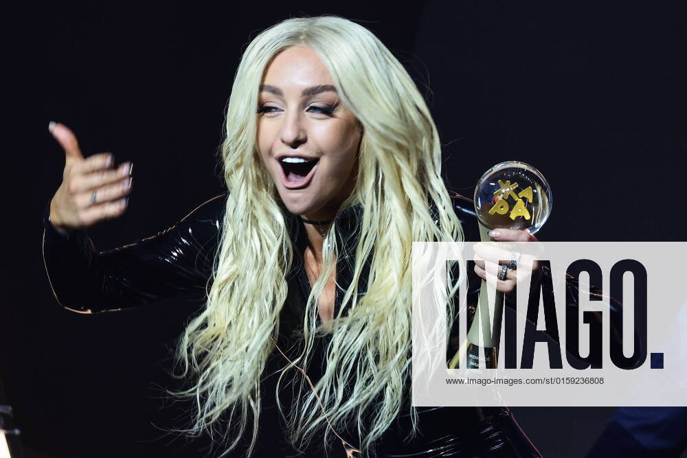 Singer Mari Kraimbrery (Marina Zhadan) wins the 2022 Zhara Music Award for Best Female Music Video during a ceremony at the Crocus City Hall. Mikhail Tereshchenko TASS TS131762
