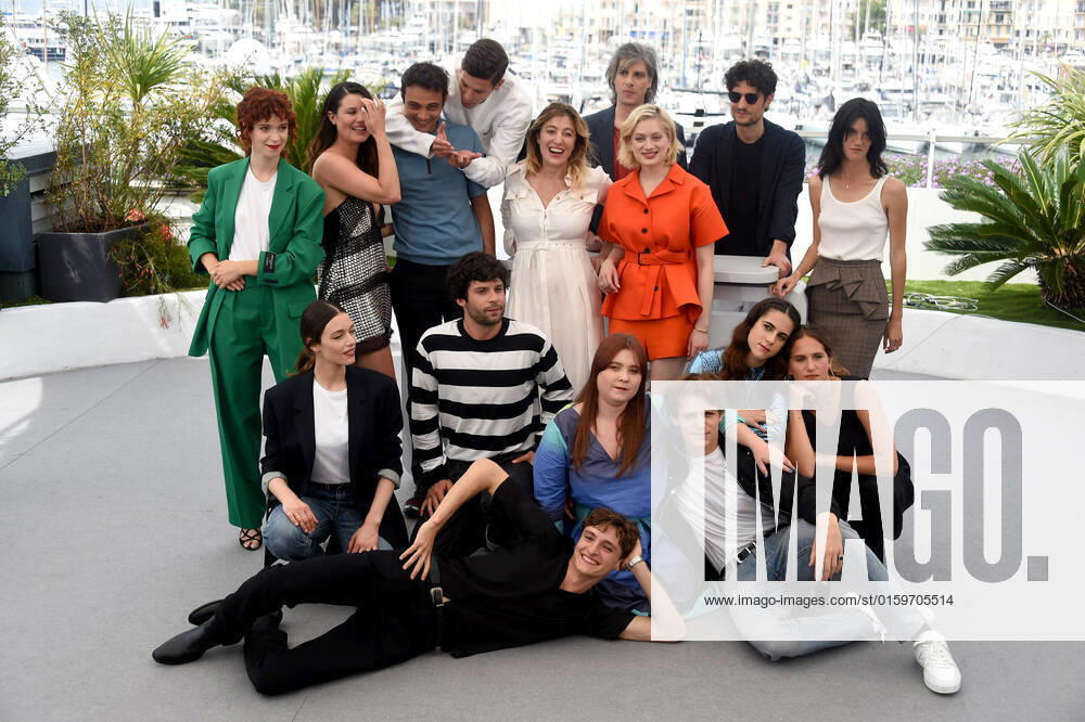 75th Cannes film festival 2022, Photocall film Les amandiers . Pictured: lara Bretheau, Alexia Chardard, Sofiane Bennacer, Noham Edje, Director Valeria Bruni Tedeschi, Nadia Tereszkiewicz, Micha Lescot, Louis Garrel, Suzanne Lindon. Front : Eva Danino, Vassili Schneider, Baptiste Carrion-Weiss, Liv Henneguier, Oscar Lesage, LÃ na Garrel, Sarah Henochsberg