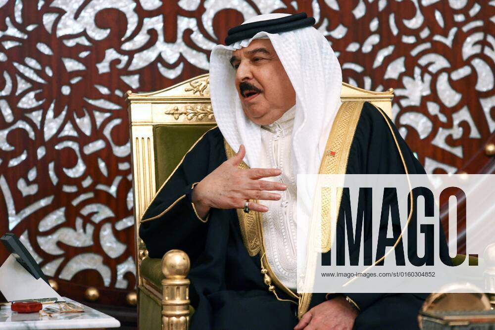 Bahrain Russia 8204825 31.05.2022 In this handout photo released by the Russian Foreign Ministry, King of Bahrain Hamad bin Isa bin Salman Al Khalifa speaks during a meeting with Russian Foreign Minister Sergey Lavrov at Sakhir Palace, in Manama, Bahrain. Editorial use only, no archive, no commercial use. Russian Foreign Ministry Manama Bahrain