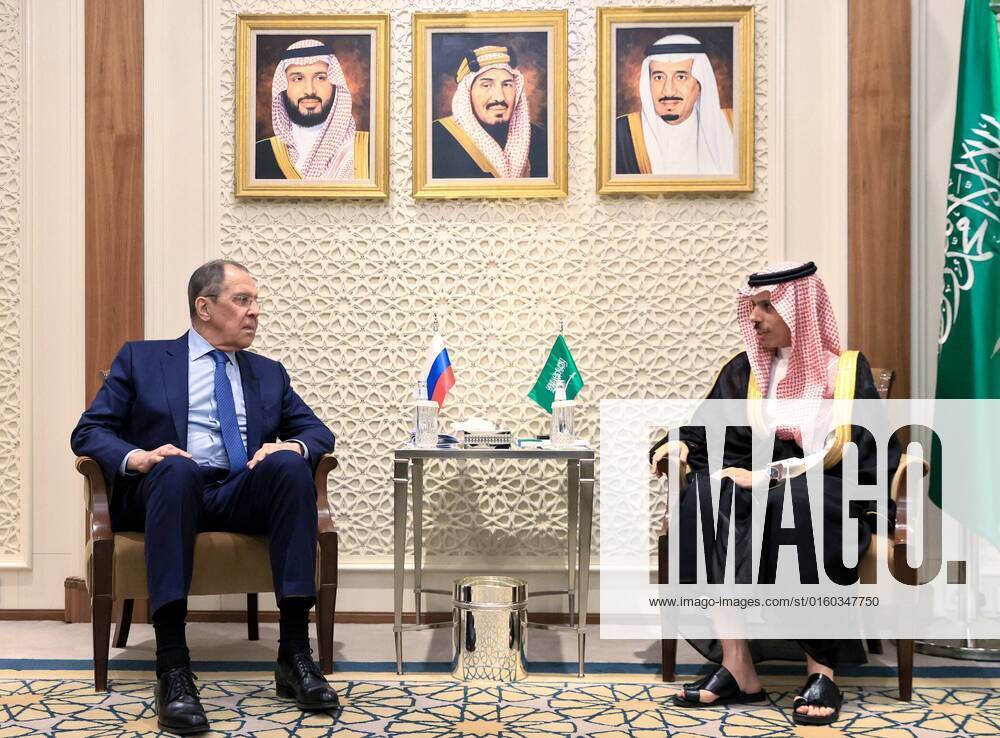 Saudi Arabia Russia 8205468 31.05.2022 In this handout photo released by the Russian Foreign Ministry, Russian Foreign Minister Sergey Lavrov and Saudi Arabia s Foreign Minister Prince Faisal bin Farhan Al Saud attend a meeting in Riyadh, Saudi Arabia. Editorial use only, no archive, no commercial use. Russian Foreign Ministry Riyadh Saudi Arabia
