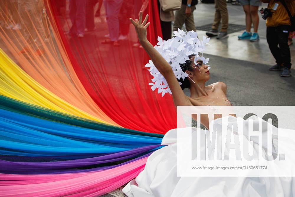 A demonstrator seen wearing a drag queen costume during the pride parade in Bangkok. Various groups of demonstrators gathered at Silom road for the pride parade rally, dressed in colorful costumes and demanding for gender issues such as gender equality, gender rights on LGBTQs, sex worker rights, same sex marriage, etc. Bangkok Thailand - ZUMAs197 20220605_zaa_s197_052