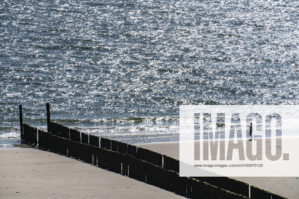 Stroller on the beach near Zoutelande, breakwater, Zeeland province, Walcheren peninsula, Netherlands, Zeeland beach