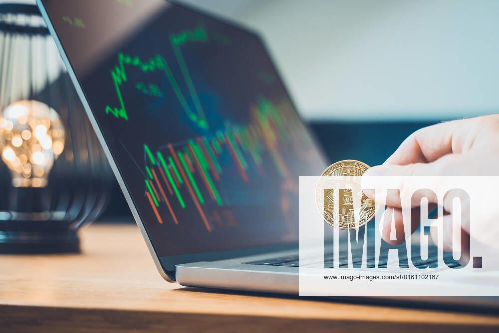 Hand holding a Bitcoin gold coin BTC cryptocurrency in front of a laptop computer, online trading on stock exchange with price chart