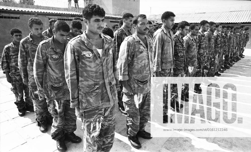Captured Egyptian soldiers in a POW camp in Atlit, lined up for roll call, during the Yom Kippur War, the Yom Kippur War between Israel and the Arab states of Egypt, Jordan and Syria lasted from October 6 to October 25, 1973,