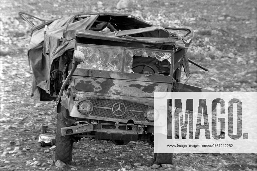 A truck Unimog of the Syrian army, Mercedes, stands shot up, bullet holes, during the Yom Kippur war, the Yom Kippur war between Israel and the Arab states Egypt, Jordan and Syria lasted from 6 October to 25 October 1973,