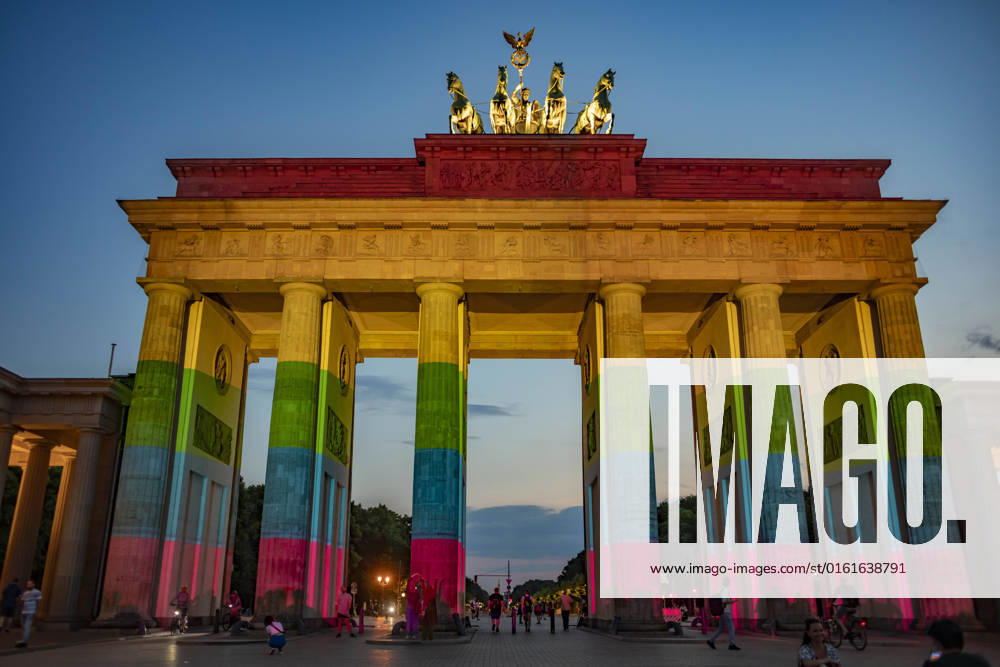 Brandenburg Gate is illuminated in rainbow colors, After the suspected Islamist terrorist attack on an Oslo queer club, the Brandenburg Gate was illuminated in the colors of the rainbow on Sunday evening as a sign of solidarity with the victims Berlin stands as a rainbow capital at
