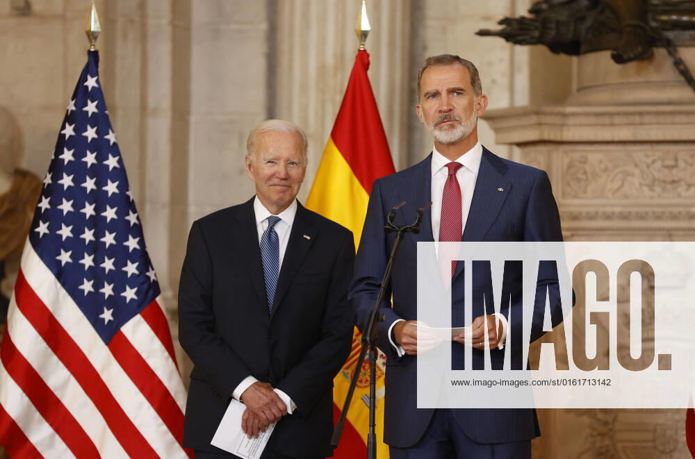 Spain s King Felipe VI (R) welcomes US President, Joe Biden (L), during a reception held at Royal Palace, in Madrid, Spain, 28 June 2022. Heads of State and Government from NATO s member countries and key partners are gathering in Madrid to discuss important issues facing the Alliance and endorse NATO s new Strategic Concept, the Organization said. Spain s King Felipe VI reception with US President, Joe Biden, at Royal Palace in Madrid !ACHTUNG: NUR REDAKTIONELLE NUTZUNG!