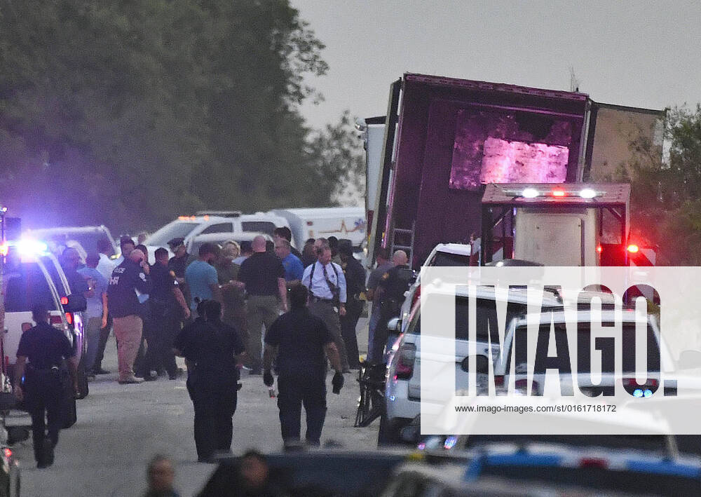 Emergency personnel survey the scene where possibly as many as 50 people have died in a trailer near Quintana Road at Cassin San Antonio. The discovery in Texas may prove to be the deadliest tragedy among thousands of people who have died attempting to cross the US border from Mexico in recent decades. Mexicos foreign minister, Marcelo Ebrard, said that among the dead were at least 22 from Mexico, seven from Guatemala, and two from Honduras. The nationalities of at least 19 others who died had not been identified. San Antonio USA - ZUMAa27_ 20220627_znn_a27_006