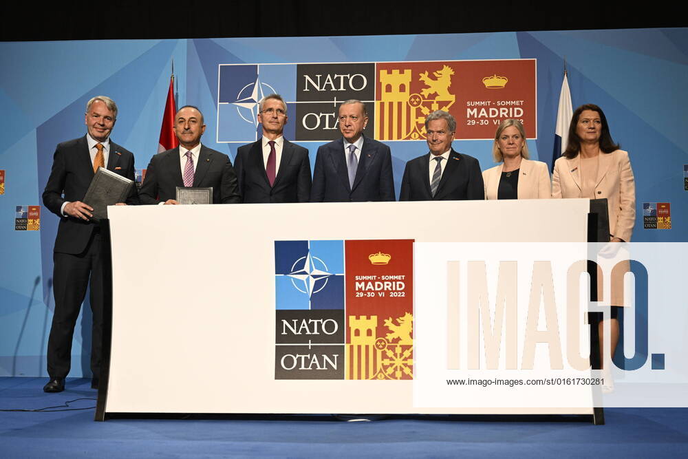 Turkey agrees to back Sweden s and Finland s application for NATO membership at the NATO summit in Madrid From left Finnish Foreign Minister Pekka Haavisto, Turkish Foreign Minister Mevlüt Çavusoglu, NATO Secretary General Jens Stoltenberg, Turkish President Recep Tayyip Erdogan, Finnish Pre