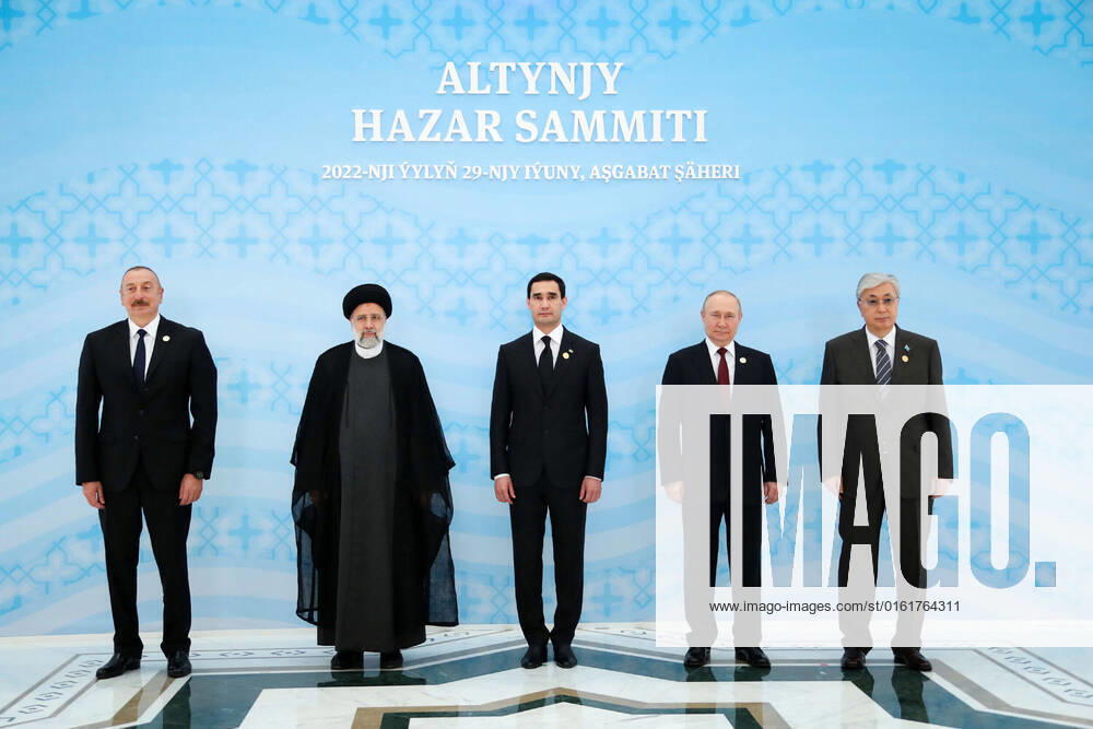 Turkmenistan, Gipfel der fünf Anrainerstaaten um das Kaspische Meer in Aschgabat June 29, 2022, ASHKHABAD, ASHKHABAD, TURKMENISTAN: Presidents (from the left respectively) ILHAM ALIYEV of Azerbaijan, EBRAHIM RAISI of Iran, SERDAR BERDYMUKHAMEDOV of Turkmenistan, VLADIMIR PUTIN of Russia, and KASSYM-JOMART TOKAYEV of Kazakhstan pose for a Memorial photo during the 6th Caspian Summit in Ashgabat, Turkmenistan. ASHKHABAD TURKMENISTAN - ZUMAi98_ 20220629_zih_i98_001