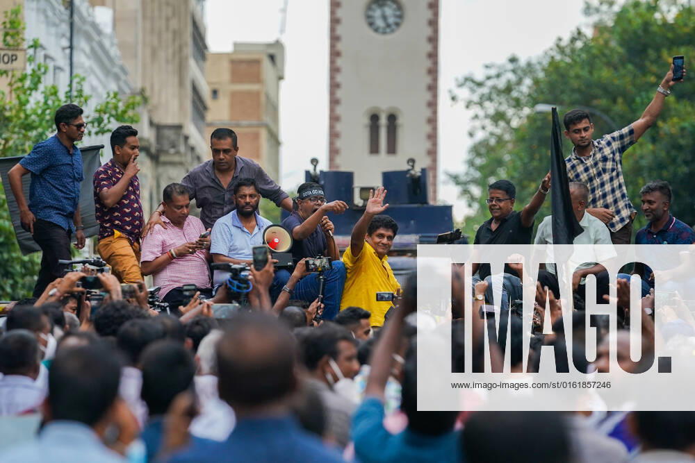 Opposition Protests Demanding The Resignation Of President Gotabhaya Rajapaksa Opposition leader Sajith Premadasa standing on a barricade during the protest held by the opposition demanding the resignation of President Gotabhaya Rajapaksa. June 30, 2022 Colombo, Sri Lanka Colombo Sri Lanka
