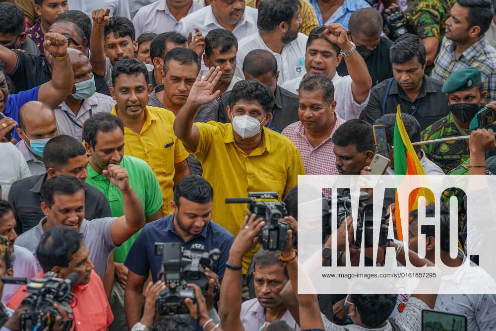 Opposition Protests Demanding The Resignation Of President Gotabhaya Rajapaksa Opposition Leader Sajith Premadasa waving to the people during the protest held by the opposition demanding the resignation of President Gotabaya Rajapaksa. June 30, 2022 Colombo, Sri Lanka Colombo Sri Lanka