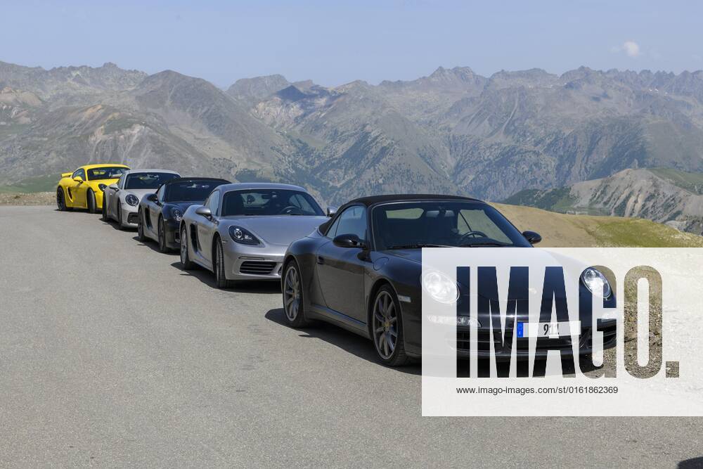 Five Porsche Sports car at 2802 Meter Highest Asphaltierte Street in Alps, Cime de La bonette, National Park Mercantour, snacks, Department Alpes de Haute Provence, France, Europe