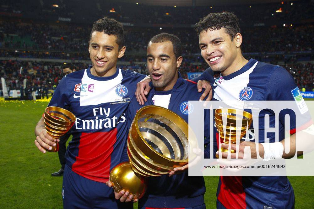 Marquinhos Lucas Moura Thiago Silva (PSG) FOOTBALL : Olympique Lyon vs Paris St Germain (PSG) - Finale Coupe de la Ligue - 19 04 2014 GwendolineLeGoff