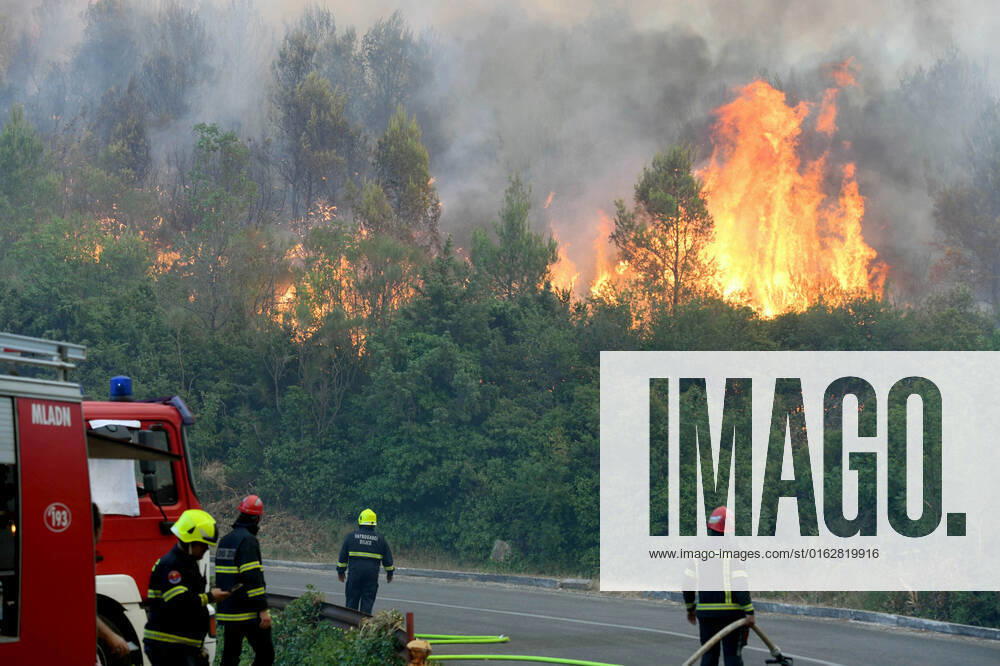 PXL_Zaton fire by the road Fire in an open area near the Zaton site in the Vodice hinterland, Croatia on July 13, 2022. About 30 firefighters with a dozen vehicles are on the ground, and two Canadairs joined the ground forces in extinguishing the fire. There are pine forests above, low vegetation, and endangered buildings. HrvojexJelavic PIXSELL