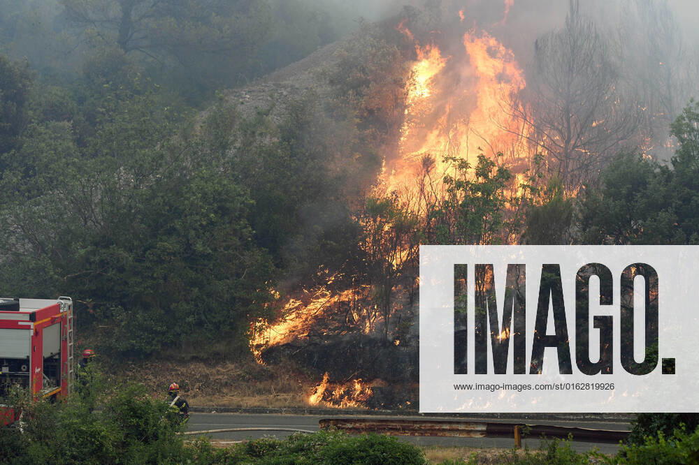 PXL_Zaton fire by the road Fire in an open area near the Zaton site in the Vodice hinterland, Croatia on July 13, 2022. About 30 firefighters with a dozen vehicles are on the ground, and two Canadairs joined the ground forces in extinguishing the fire. There are pine forests above, low vegetation, and endangered buildings. HrvojexJelavic PIXSELL