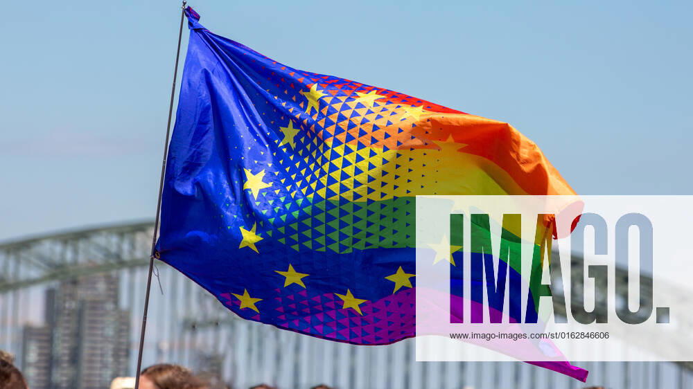 EU Flag and Rainbow flag in one, symbol the LGBTQ Movement in the European Union CSD, Christopher Street day, EU Flag in Rainbow colors 1083402370