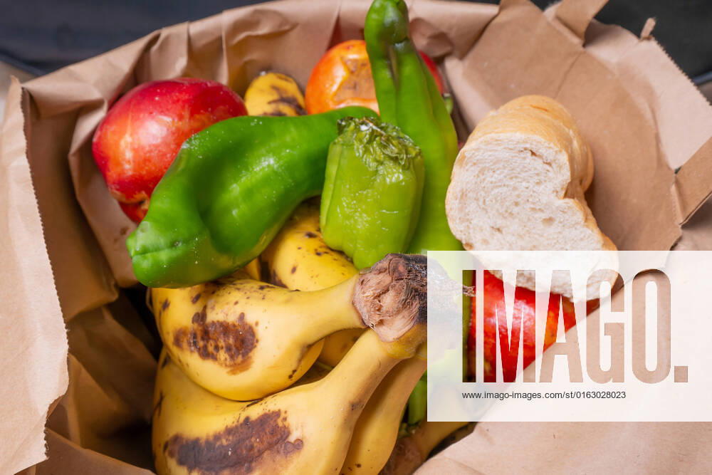 Spoiling the end Fruit and Bread in a trash bin, Symbol image food waste 1028901666