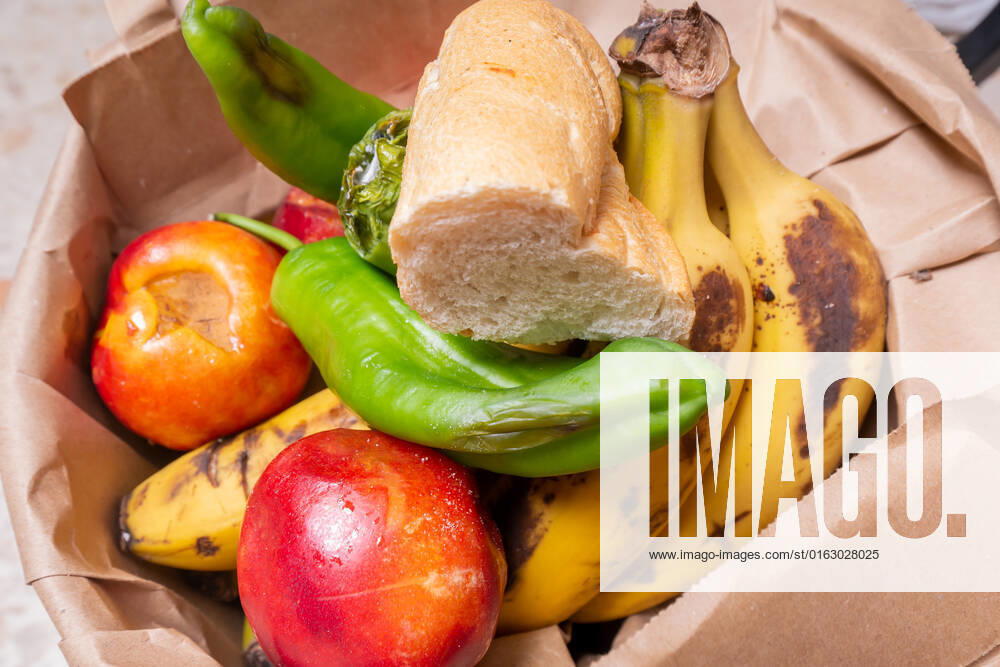 Spoiling the end Fruit and Bread in a trash bin, Symbol image food waste 1028901667