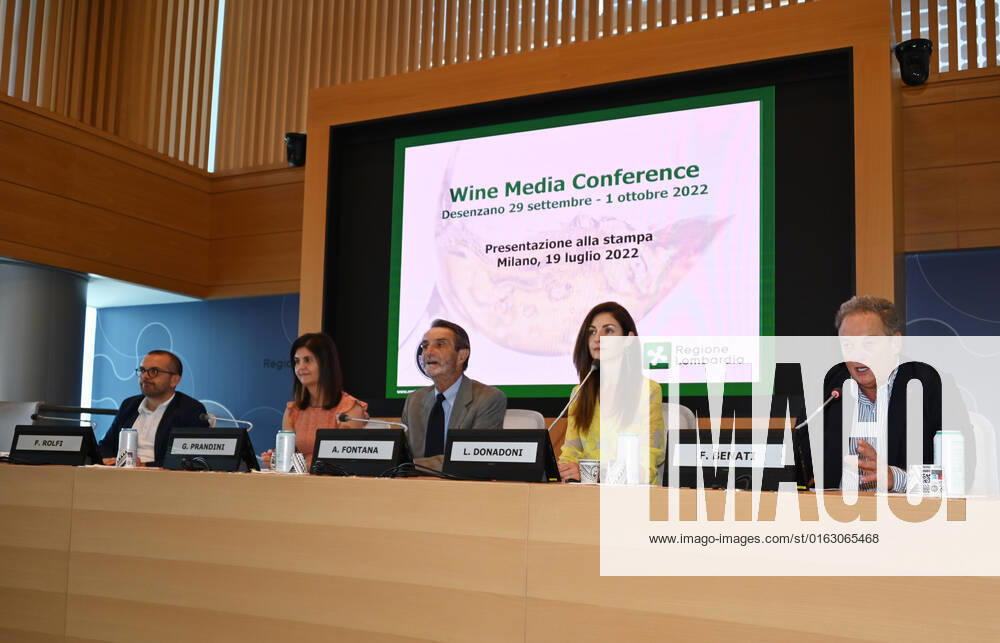 Milan, Italy Wine Media Conference world review dedicated to the communication of wine in Lombardy attended by Attilio Fontana President of the Lombardy Region, Councilor Rolfi of the Lombardy Region together with the president of Ascovilo Giovanna Prandini and the journalist and author Laura Donadoni, in video link from the United States Allan Wright president of the Wine Media Conference. The event will take place in Desenzano del Garda from 27 September to 3 October 2022 In the picture: Giovanna Prandini president Ascovilo, Attilio Fontana President of the Lombardy Region, councilor Rolfi Lombardy Region, Laura Donadoni during the event presentation
