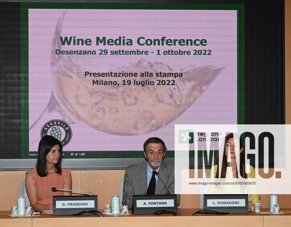 Milan, Italy Wine Media Conference world review dedicated to the communication of wine in Lombardy attended by Attilio Fontana President of the Lombardy Region, Councilor Rolfi of the Lombardy Region together with the president of Ascovilo Giovanna Prandini and the journalist and author Laura Donadoni, in video link from the United States Allan Wright president of the Wine Media Conference. The event will take place in Desenzano del Garda from 27 September to 3 October 2022 In the picture: Giovanna Prandini president Ascovilo, Attilio Fontana President of the Lombardy Region, Laura Donadoni during the event presentation