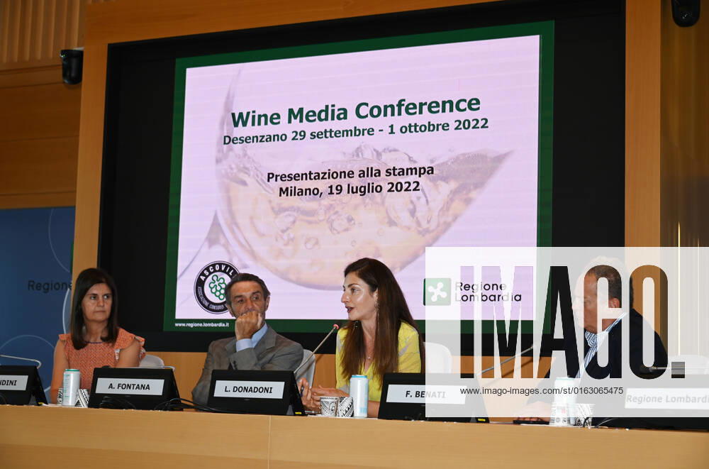 Milan, Italy Wine Media Conference world review dedicated to the communication of wine in Lombardy attended by Attilio Fontana President of the Lombardy Region, Councilor Rolfi of the Lombardy Region together with the president of Ascovilo Giovanna Prandini and the journalist and author Laura Donadoni, in video link from the United States Allan Wright president of the Wine Media Conference. The event will take place in Desenzano del Garda from 27 September to 3 October 2022 In the picture: Giovanna Prandini president Ascovilo, Attilio Fontana President of the Lombardy Region, councilor Rolfi Lombardy Region, Laura Donadoni during the event presentation