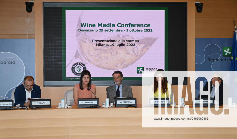 Milan, Italy Wine Media Conference world review dedicated to the communication of wine in Lombardy attended by Attilio Fontana President of the Lombardy Region, Councilor Rolfi of the Lombardy Region together with the president of Ascovilo Giovanna Prandini and the journalist and author Laura Donadoni, in video link from the United States Allan Wright president of the Wine Media Conference. The event will take place in Desenzano del Garda from 27 September to 3 October 2022 In the picture: Giovanna Prandini president Ascovilo, Attilio Fontana President of the Lombardy Region, councilor Rolfi Lombardy Region, Laura Donadoni during the event presentation