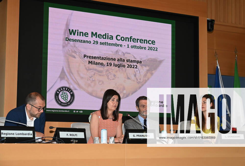 Milan, Italy Wine Media Conference world review dedicated to the communication of wine in Lombardy attended by Attilio Fontana President of the Lombardy Region, Councilor Rolfi of the Lombardy Region together with the president of Ascovilo Giovanna Prandini and the journalist and author Laura Donadoni, in video link from the United States Allan Wright president of the Wine Media Conference. The event will take place in Desenzano del Garda from 27 September to 3 October 2022 In the picture: Giovanna Prandini president Ascovilo, Attilio Fontana President of the Lombardy Region, councilor Rolfi Lombardy Region, Laura Donadoni during the event presentation