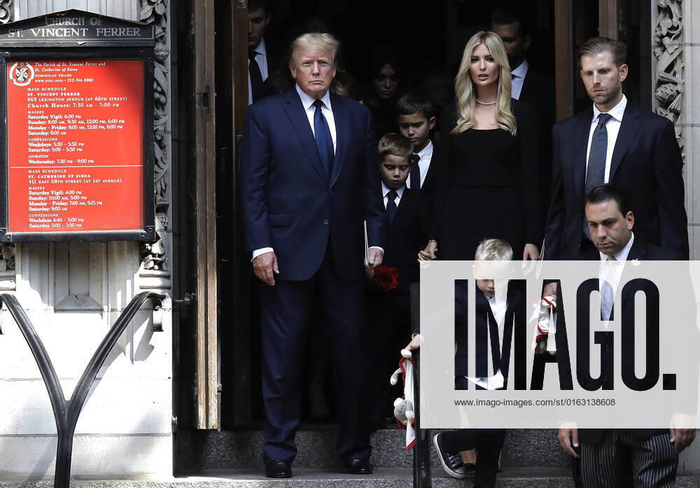 Former US President Donald, left, and his daughter Ivanka, center and his son Eric, right, and other members of the Trump family walk behind Ivana Trump, his first wife s coffin at St. Vincent Ferrer Roman Catholic Church on Lexington Avenue on Wednesday, July 20, 2022 in New York City. NYP202207203016 PETERxFOLEY