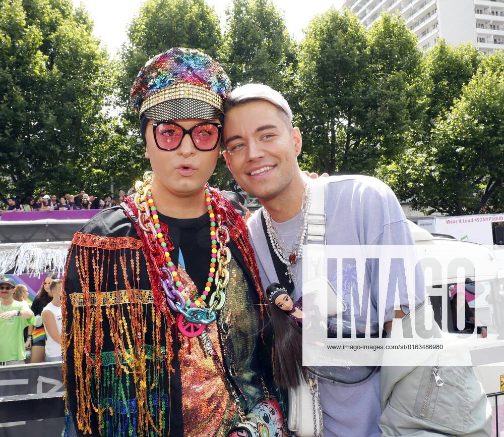 Julian F M Stoeckel with friend Marcell Damaschke at the 44 Christopher Street Day Parade 2022 in Berlin under the motto United in Love Against Hate, War and Discrimination