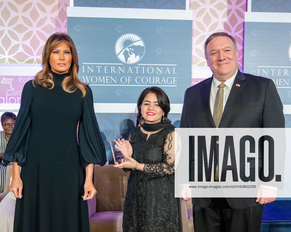 Secretary of State Michael R. Pompeo, First Lady of the United States Melania Trump, and awardee Jalila Haider of Pakistan pose for a photo, at the Department of State on March 4, 2020.