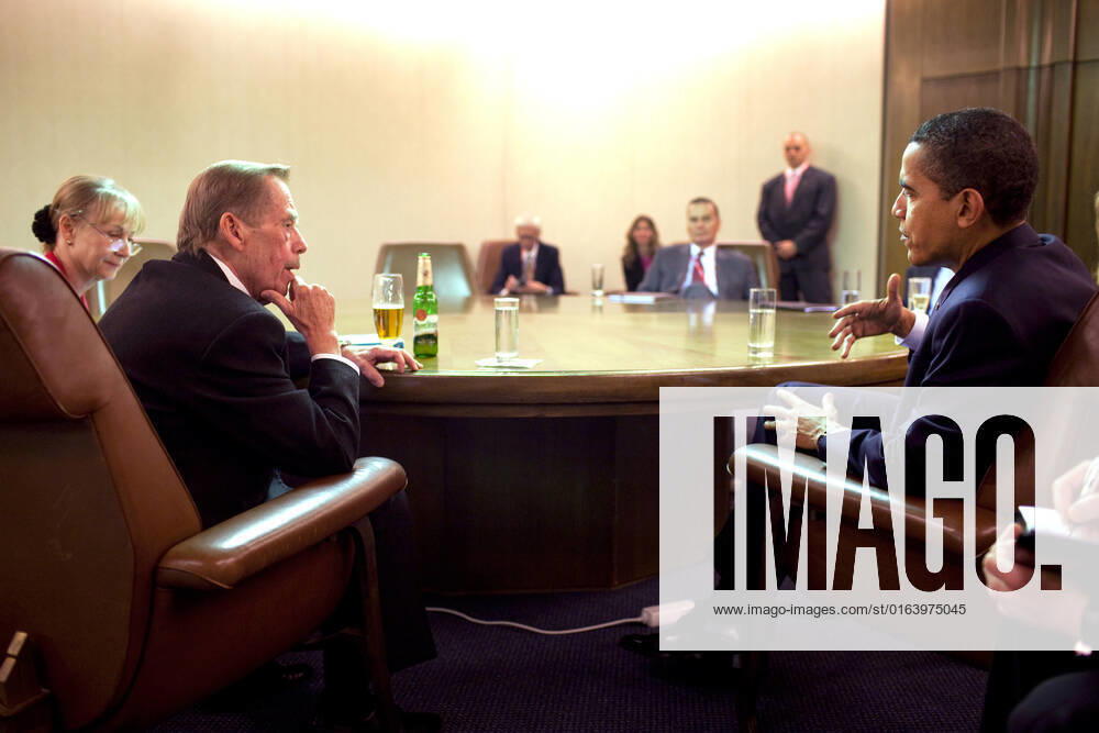 President Barack Obama is seen at a bilateral meeting April 5, 2009, with former Czech President Vaclav Havel during the European Union (EU) Summit at the Prague Congress Center in Prague, Czech Republic.
