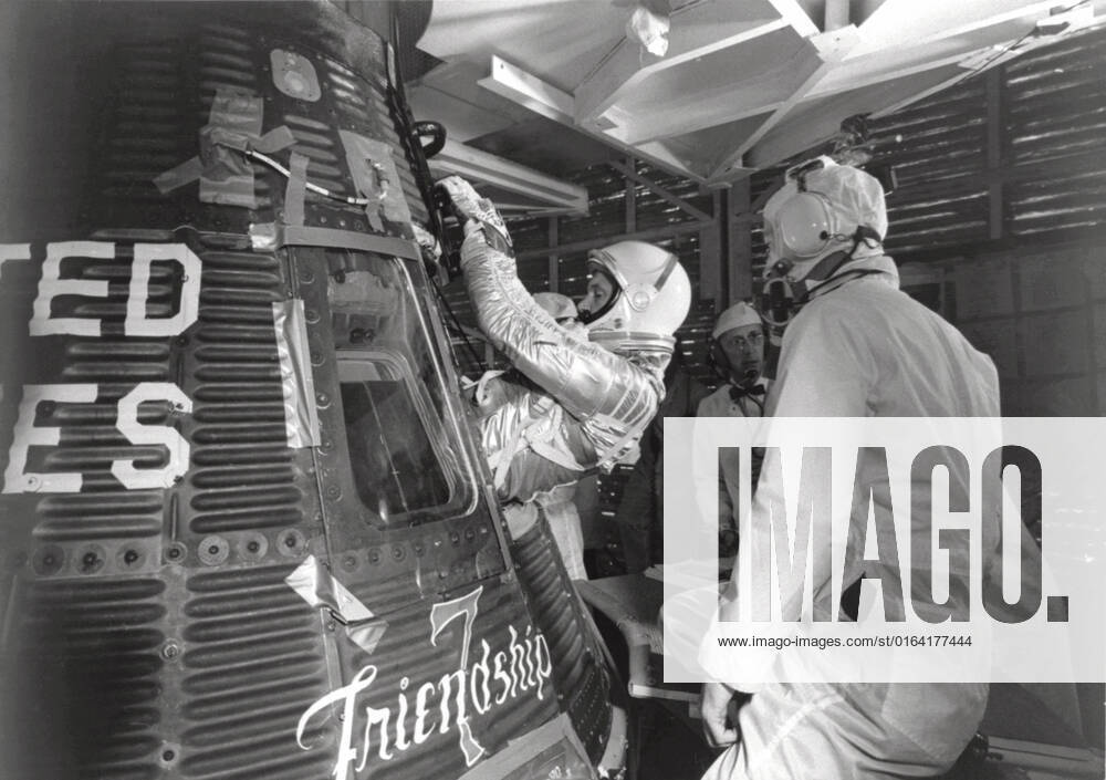 CAPE CANAVERAL, Fla. -- Astronaut John H. Glenn Jr. enters his Mercury capsule, Friendship 7, as he prepares for launch of the Mercury-Atlas rocket. On February 20, 1962, Glenn lifted off into space aboard his Mercury Atlas 6 MA-6 rocket and became the first American to orbit the Earth. After orbiting the Earth 3 times, Friendship 7 landed in the Atlantic Ocean 4 hours, 55 minutes and 23 seconds later, just East of Grand Turk Island in the Bahamas. Glenn and his capsule were recovered by the Navy Destroyer Noa, 21 minutes after splashdown.
