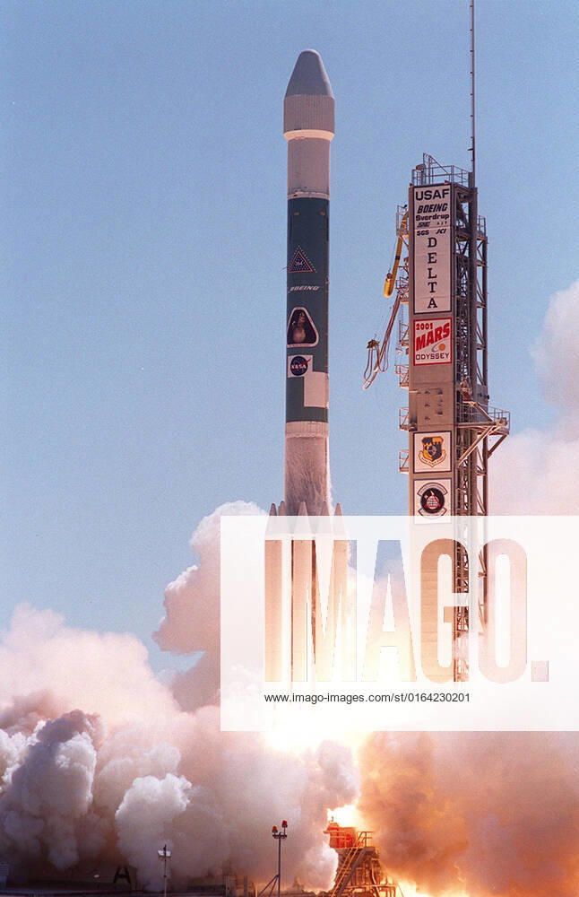 The Boeing Delta II rocket carrying the 2001 Mars Odyssey spacecraft leaps through the smoke into a clear blue sky. Liftoff occurred at 11:02 a.m. EDT. The launch sends the Mars Odyssey on an approximate 7-month journey to orbit the planet Mars. The spacecraft, built by Lockheed Martin Space Systems for the Jet Propulsion Laboratory, will map the Martian surface looking for geological features that could indicate the presence of water, now or in the past. Science gathered by three science instruments on board will be key to future missions to Mars, including orbital reconnaissance, lander and human missions