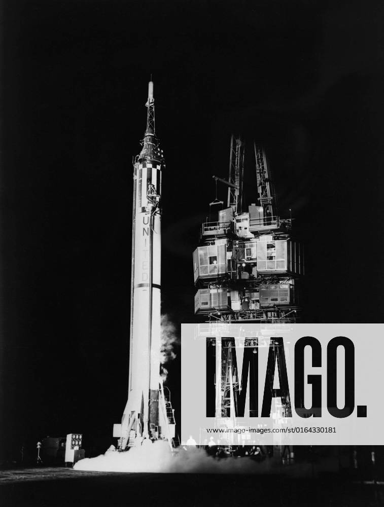 S61-03158 (1961) --- Mercury-Redstone 3 (MR-3) missile standing alone on launch pad.