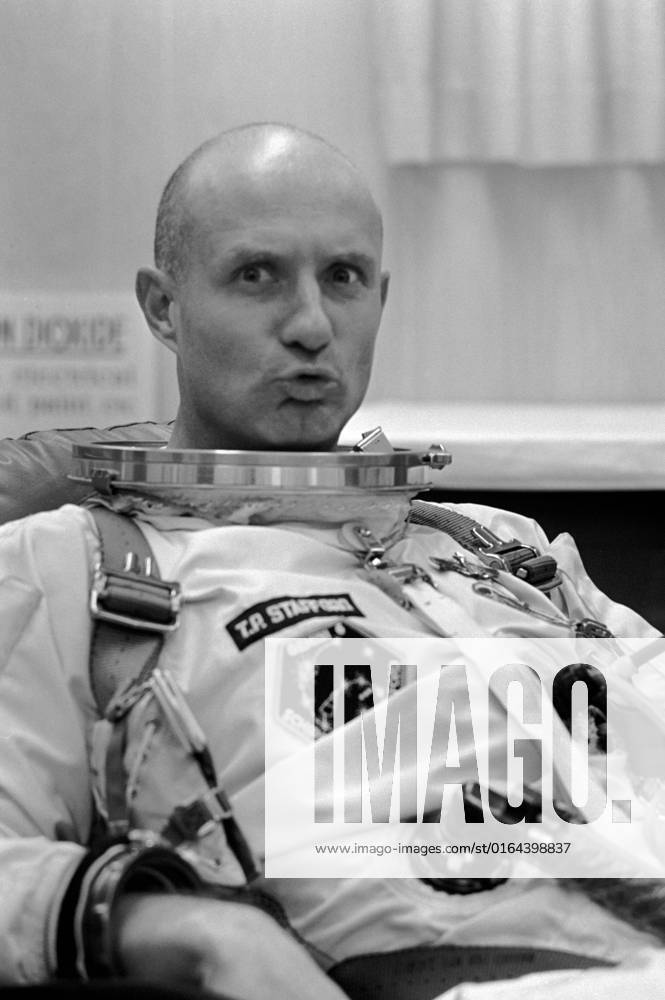 S65-61913 (12 Dec. 1965) --- Astronaut Thomas P. Stafford, pilot, makes a facial gesture at the camera while suiting up in Launch Complex 16 trailer during Gemini-6 prelaunch countdown. NASA has planned a two-day mission in space for astronauts Stafford and Walter M. Schirra Jr. (out of frame), command pilot. An attempt was made to launch Gemini-6 from Pad 19 at 9 54 a.m. (EST) on Dec. 12, 1965. However, seconds after ignition, the first stage engine of the Gemini-6 launch vehicle shutdown due to a faulty release of a liftoff umbilical plug.