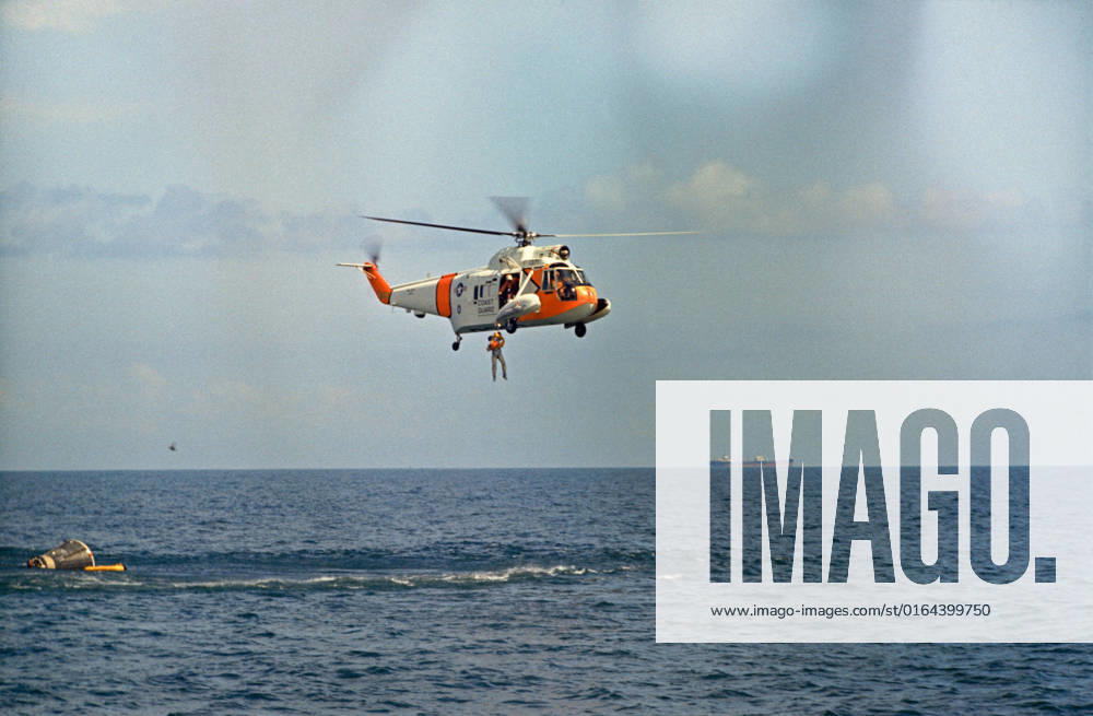 S65-55565 (15 Oct. 1965) --- Astronaut Frank Borman, Gemini-7 prime crew command pilot, is hoisted out of the water by a U.S. Coast Guard recovery team during water egress training in the Gulf of Mexico. The training is in preparation for the planned 14-day mission in space of the Gemini-7 spacecraft. Astronaut James A. Lovell Jr., prime crew pilot, also took part in the training.