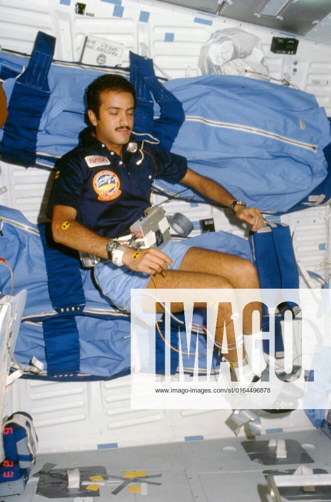 51G-105-030 (17-24 June 1985) --- Payload specialist Sultan Salman Abdelazize Al-Saud participates in the French Postural Experiment (FPE) on the middeck of the earth-orbiting Discovery.