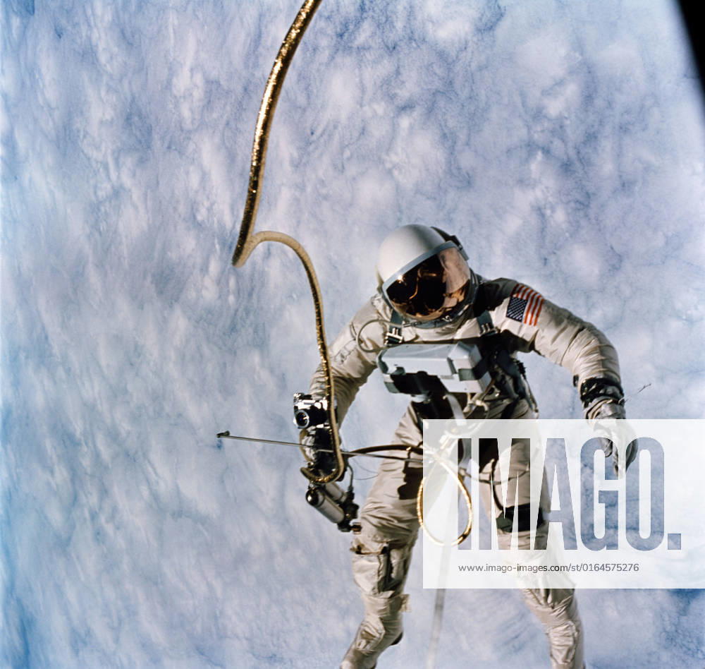S65-30427 (3 June 1965) --- Astronaut Edward H. White II, pilot for the Gemini-Titan 4 (GT-4) spaceflight, floats in the zero-gravity of space during the third revolution of the GT-4 spacecraft. White wears a specially designed spacesuit. His face is shaded by a gold-plated visor to protect him from unfiltered rays of the sun. In his right hand he carries a Hand-Held Self-Maneuvering Unit (HHSMU) that gives him control over his movements in space. White also wears an emergency oxygen chest pack; and he carries a camera mounted on the HHSMU for taking pictures of the sky, Earth and the GT-4 spacecraft. He is secured to the spacecraft by a 25-feet umbilical line and a 23-feet tether line. Both lines are wrapped together in gold tape to form o