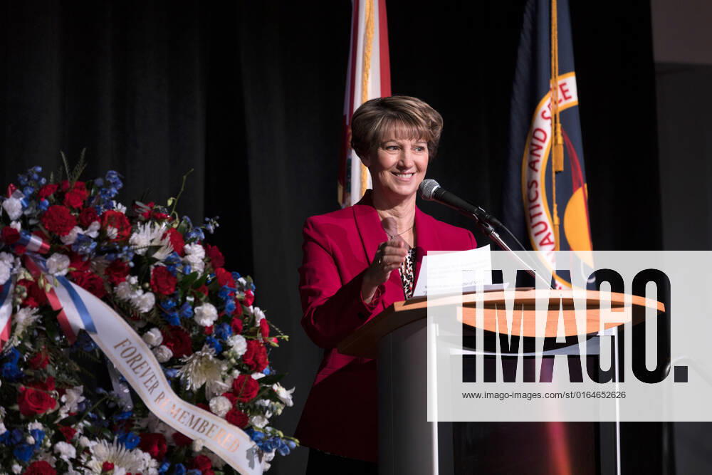 Astronauts Memorial Foundation Board Chair Eileen Collins, a former space shuttle commander, speaks during this year s Day of Remembrance ceremony at the Kennedy Space Center Visitor Complex. Each year spaceport employees and guests join others throughout NASA honoring the contributions of astronauts who have perished in the conquest of space.