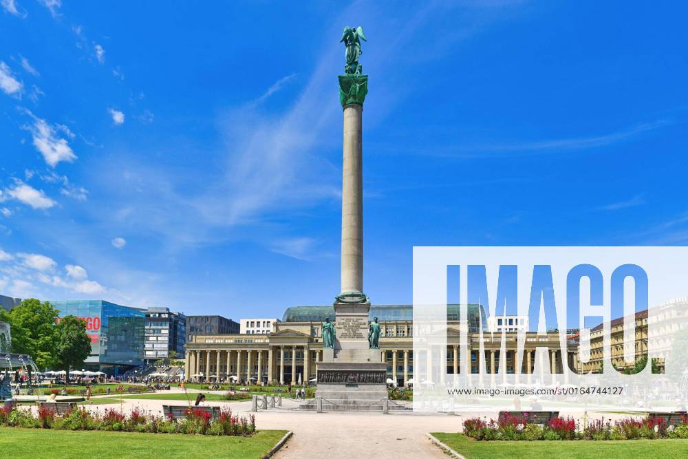 City square and public Park Schloßplatz with old Historical Shopping Centre and Anniversary Column to a sunny Day, Stuttgart, Germany, Europe