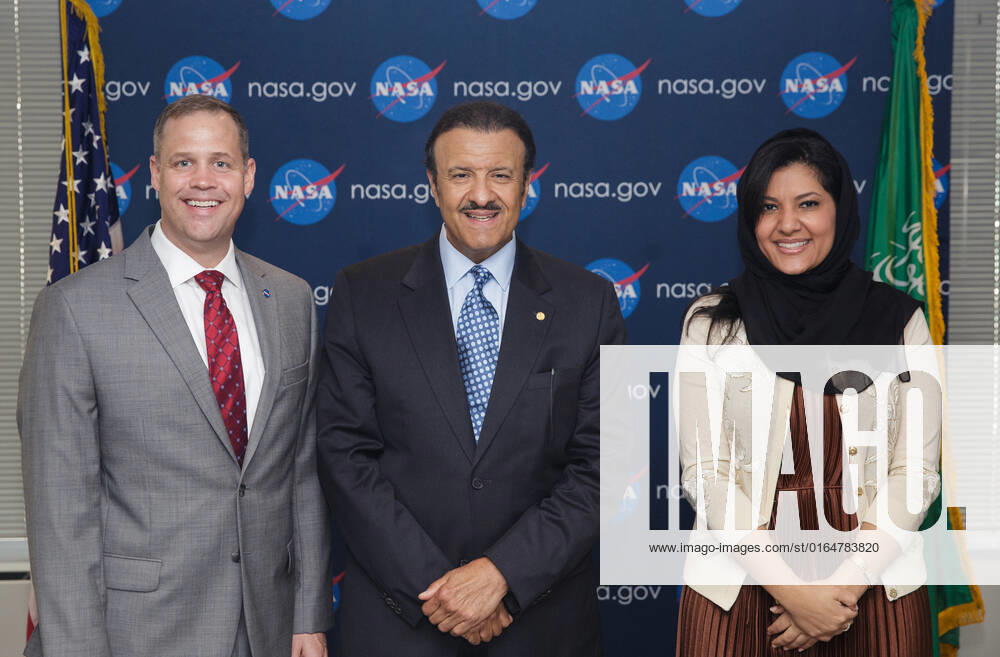 ˜NASA Administrator Jim Bridenstein, left, His Royal Highness Prince Sultan Salman Al-Saud, Chairman of the Board of Directors of the Saudi Space Commission, center, and Her Royal Highness Princess Reema Bandar Al Saud, Saudi Arabias Ambassador to the US, right, pose for a photograph during a courtesy visit, Monday, Aug. 12, 2019 at NASA Headquarters in Washington.