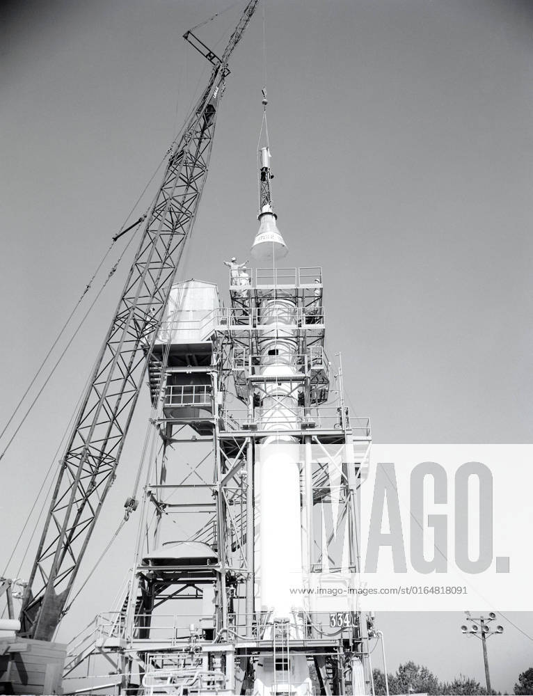 Installation of the Mercury capsule on Redstone booster at the Redstone Test Stand. Assembled at the Marshall Space Flight Center (MSFC), the Mercury-Redstone launch vehicle was designed to place a marned space capsule into orbital flight around the Earth and recover both safely.