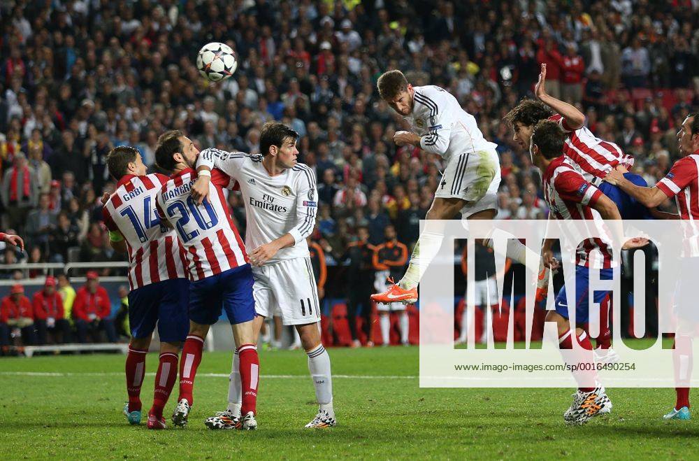 Real Madrids Sergio Ramos scoring his sides opening goal Real Madrid vs Atletico Madrid - Champions League Final - Stadium of Light - Lisbon - Portugal - 24 05 2014 - Pic David Klein Sportimage .