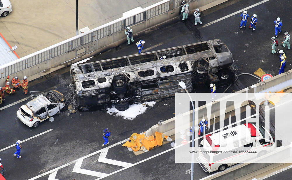 Expressway accident in central Japan Photo taken from a Kyodo News helicopter on Aug. 22, 2022, shows burnt remains of a bus after it overturned and caught fire in an accident that occurred earlier in the day near the Toyoyama-Minami interchange on the Nagoya Expressway in Aichi Prefecture in central Japan. A14AA0001328528P