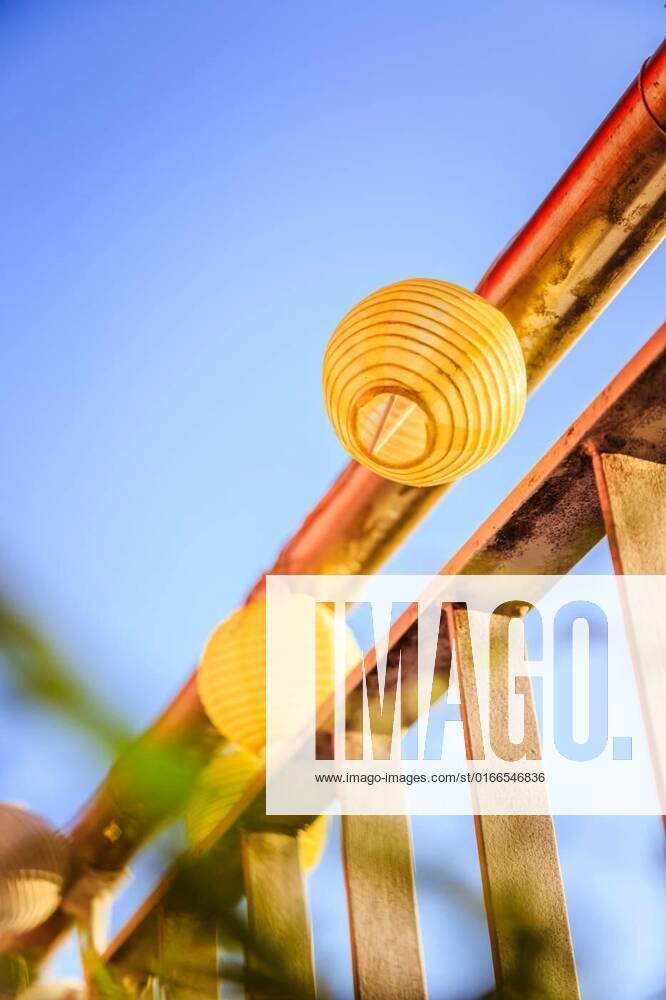 Summer feeling on the balcony: Close up of lampions, Close up of summer lampions on a balcony, leisure time in the summer holidays, 18.02.2021,